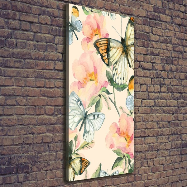 Stampa quadro su tela verticale Rose e farfalle