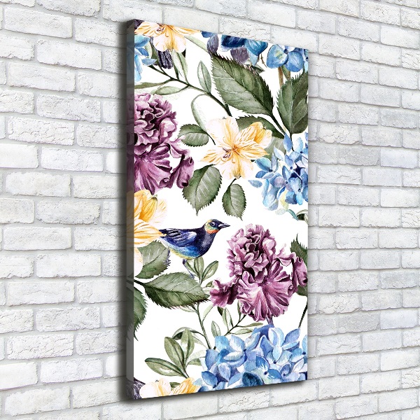 Quadro su tela canvas verticale Fiori e uccelli