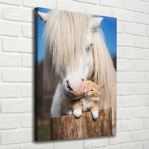 Quadro foto su tela verticale Cavallo bianco con un gatto