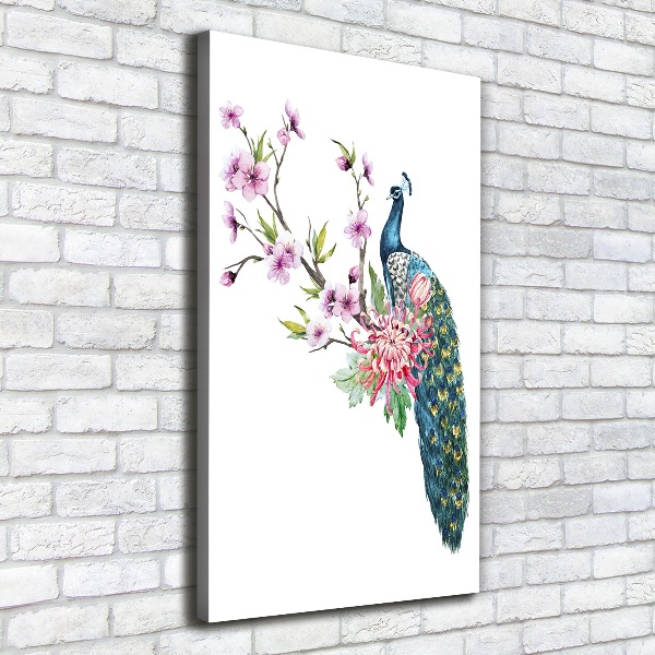 Stampa quadro su tela verticale Pavone e fiori