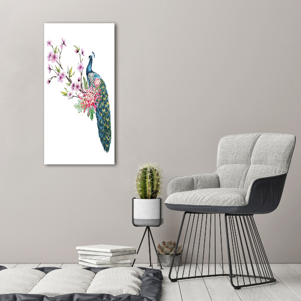 Stampa quadro su tela verticale Pavone e fiori