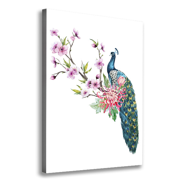 Stampa quadro su tela verticale Pavone e fiori