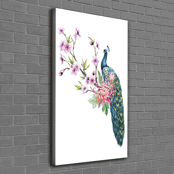 Stampa quadro su tela verticale Pavone e fiori