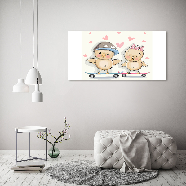 Quadro su vetro Uccelli su uno skateboard