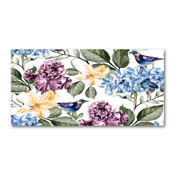 Quadro su vetro Fiori e uccelli