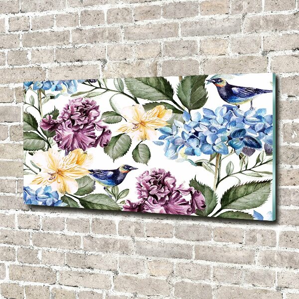 Quadro su vetro Fiori e uccelli