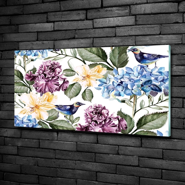 Quadro su vetro Fiori e uccelli