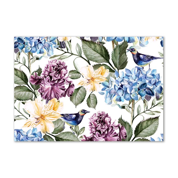 Quadro su vetro Fiori e uccelli