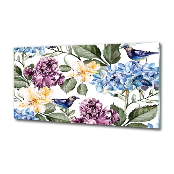 Quadro su vetro Fiori e uccelli