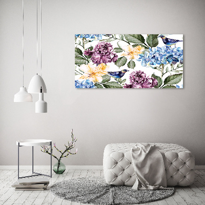 Quadro su vetro Fiori e uccelli