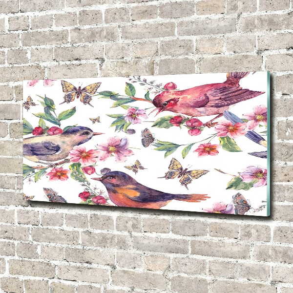 Quadro vetro Uccelli, farfalle, ciliegie