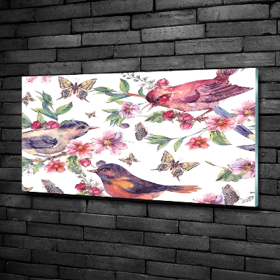 Quadro vetro Uccelli, farfalle, ciliegie