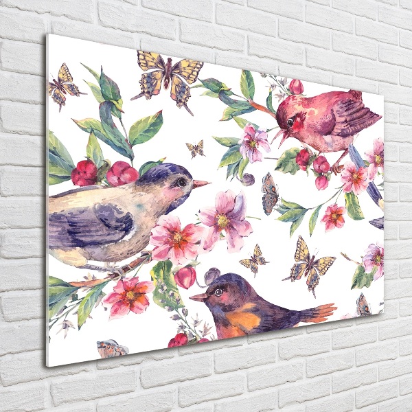 Quadro vetro Uccelli, farfalle, ciliegie