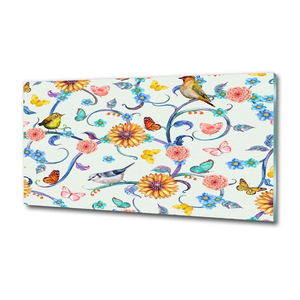 Quadro in verde Fiori e uccelli