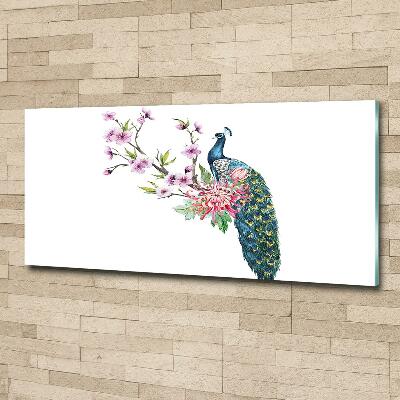 Quadro su vetro Pavone e fiori
