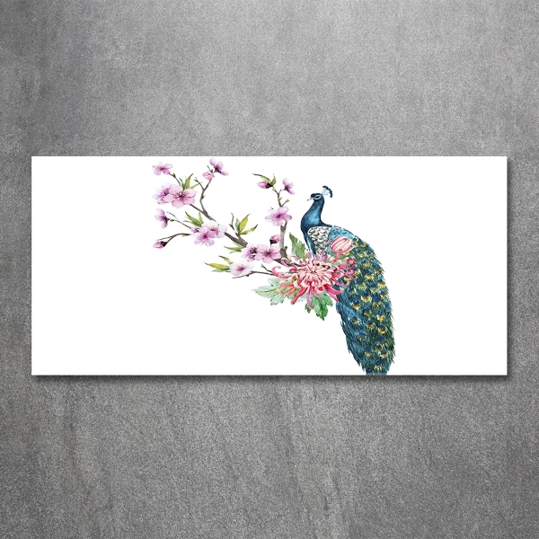 Quadro su vetro Pavone e fiori