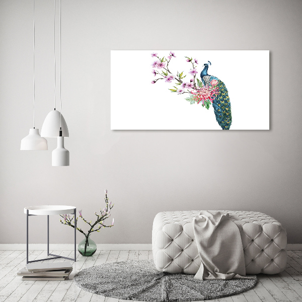 Quadro su vetro Pavone e fiori