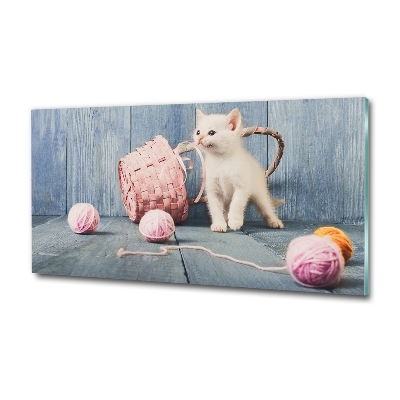 Quadro su vetro Gatto bianco e matasse