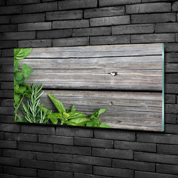 Quadro su vetro Sfondo di erbe aromatiche in legno