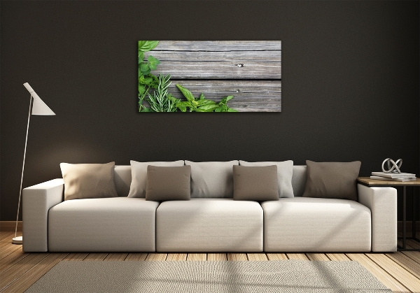 Quadro su vetro Sfondo di erbe aromatiche in legno