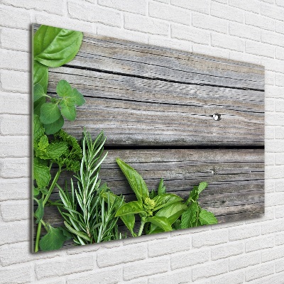 Quadro su vetro Sfondo di erbe aromatiche in legno