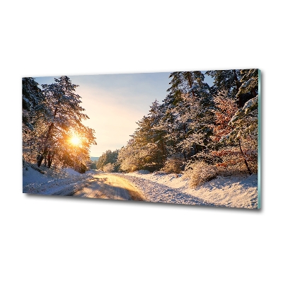 Quadro su vetro Una strada nella foresta in inverno