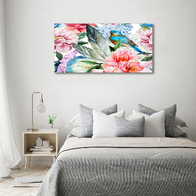 Quadro su vetro Fiori e uccelli