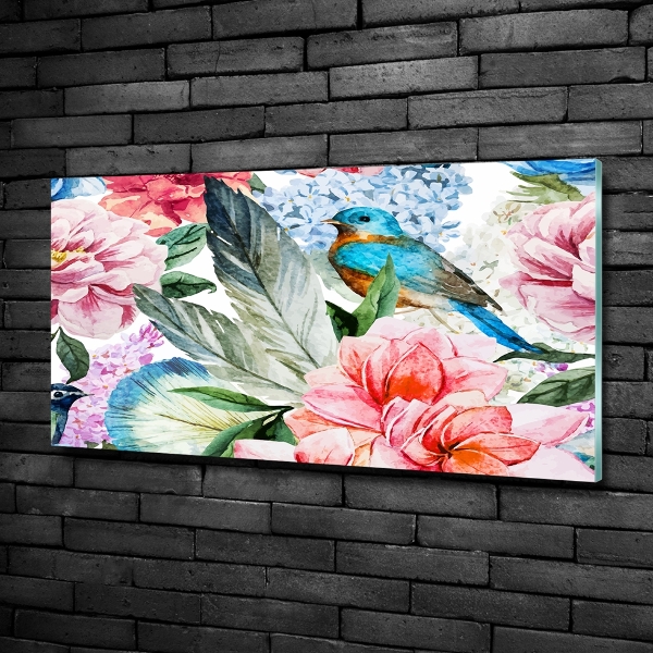 Quadro su vetro Fiori e uccelli