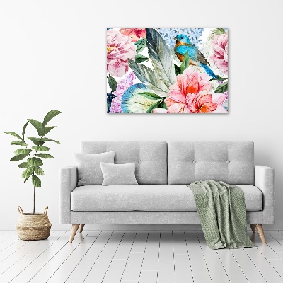 Quadro su vetro Fiori e uccelli