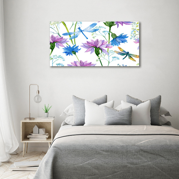 Quadro su vetro Fiori e libellule
