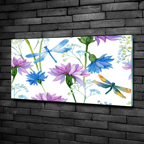 Quadro su vetro Fiori e libellule