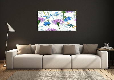 Quadro su vetro Fiori e libellule