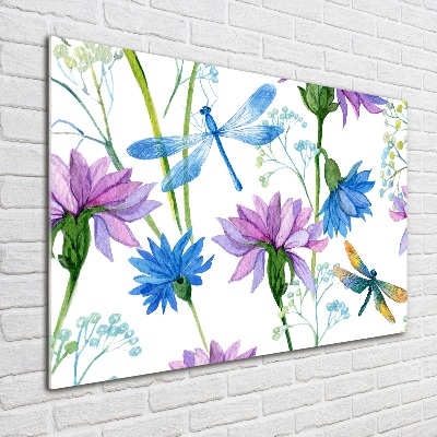 Quadro su vetro Fiori e libellule