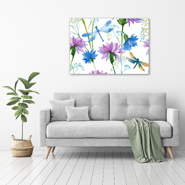 Quadro su vetro Fiori e libellule
