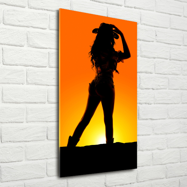Quadro stampa su vetro verticale Silhouette da cowgirl