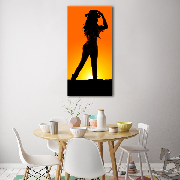 Quadro stampa su vetro verticale Silhouette da cowgirl