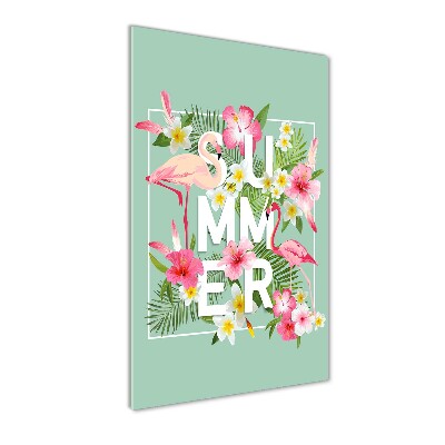 Quadro di vetro verticale Vacanze e fenicotteri