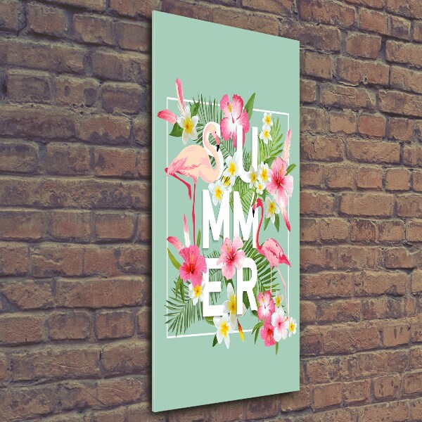 Quadro di vetro verticale Vacanze e fenicotteri