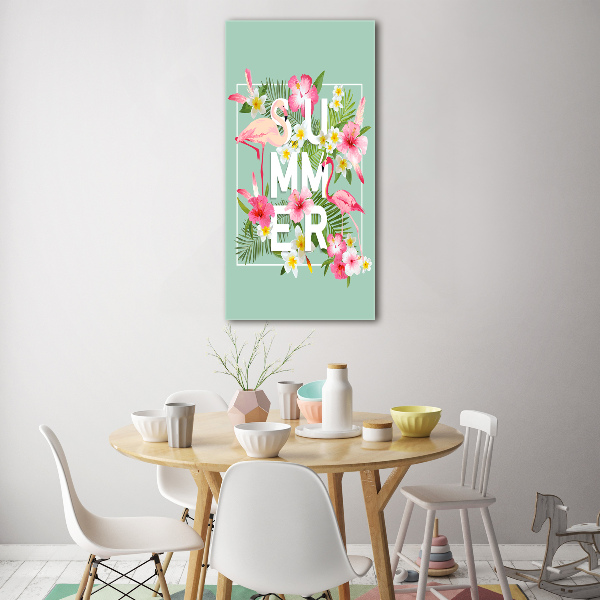 Quadro di vetro verticale Vacanze e fenicotteri