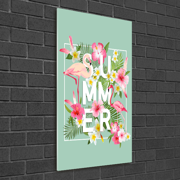 Quadro di vetro verticale Vacanze e fenicotteri