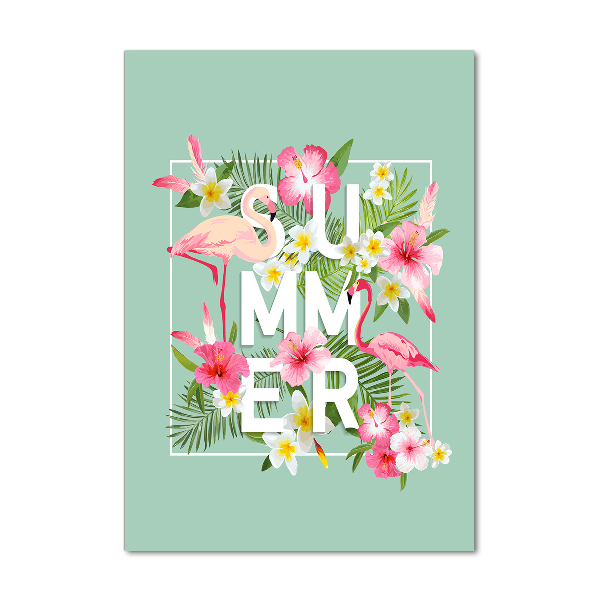 Quadro di vetro verticale Vacanze e fenicotteri