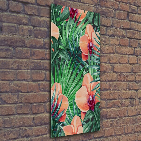 Quadro in vetro verticale Orchidee e palme