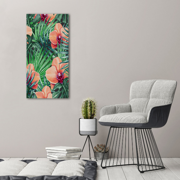 Quadro in vetro verticale Orchidee e palme
