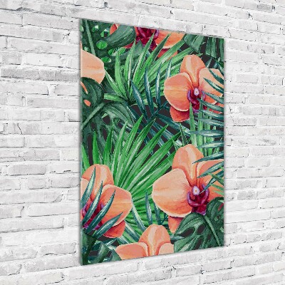 Quadro in vetro verticale Orchidee e palme