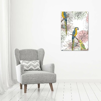 Quadro vetro verticale Pappagalli e fiori