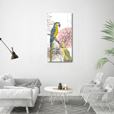 Quadro vetro verticale Pappagalli e fiori