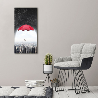 Quadro di vetro verticale Ombrello sopra le città