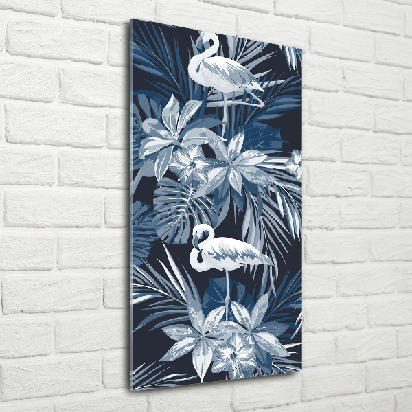 Quadro stampa su vetro verticale Fiori e fenicotteri