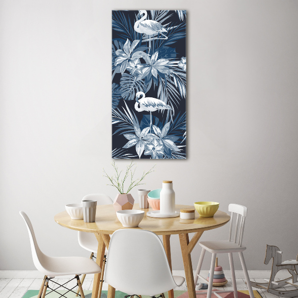 Quadro stampa su vetro verticale Fiori e fenicotteri