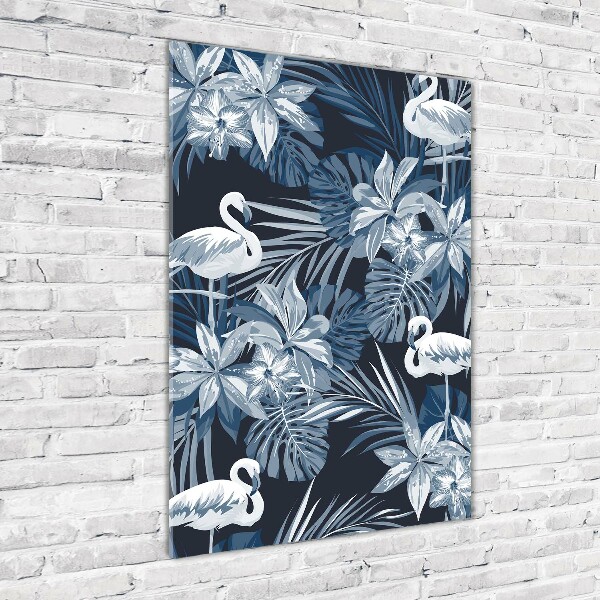 Quadro stampa su vetro verticale Fiori e fenicotteri